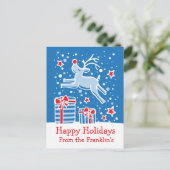 クリスマスのトナカイの青い赤の白い葉書 シーズンポストカード (スタンド正面)