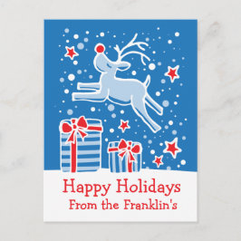 クリスマスのトナカイの青い赤の白い葉書 シーズンポストカード