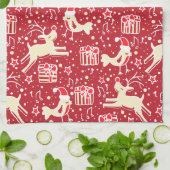 クリスマスのトナカイの鳥のパターン赤いキッチンタオル キッチンタオル (折り畳み)