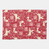 クリスマスのトナカイの鳥のパターン赤いキッチンタオル キッチンタオル (横)