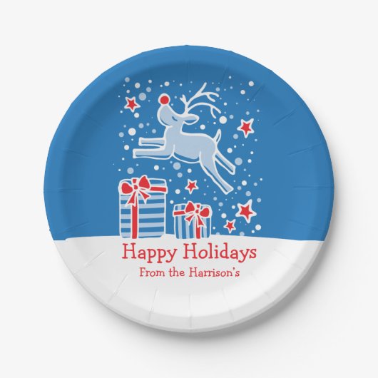 クリスマスのトナカイの鳥パターン青い紙プレート ペーパープレート (正面)