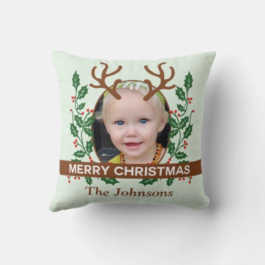 クリスマスのトナカイの(雄ジカの)枝角は写真を個人化します クッション (裏面)