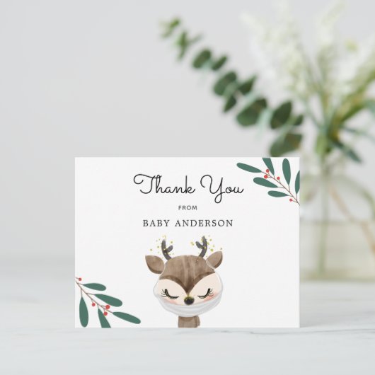 クリスマスのトナカイをマスクに赤ちゃんシャワーありがとう ポストカード (スタンド正面)