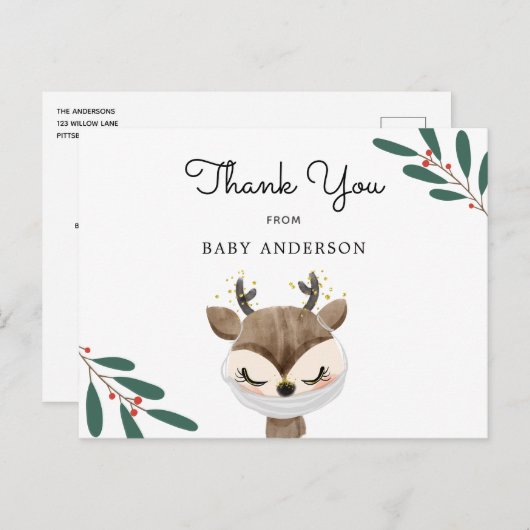 クリスマスのトナカイをマスクに赤ちゃんシャワーありがとう ポストカード (正面/裏面)