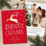 クリスマスのトナカイカスタムアの写真レッド金ゴールド編集可能 箔シーズンカード<br><div class="desc">金ゴールドエレガントフォイルアールデコスタイルと背中にパーソナライズされた自分の写真とクリスマスカード。この編集可能なテンプレートは、フェスティバル離れの、果実と星を持つトナカイを特徴とする。赤スタイリッシュ色、白およびホイル実在要素の色のパレット金ゴールド、銀またはバラ金ゴールド。文字パーソナライズされたは、名前、日付、および個人的な挨拶を持つことができる。</div>