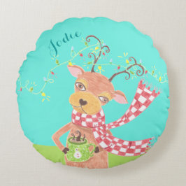 クリスマスのトナカイパーソナライズされたの子の丸い枕 ラウンドクッション