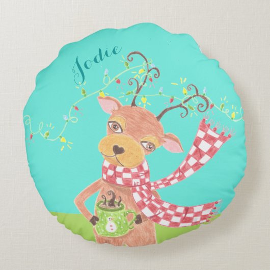 クリスマスのトナカイパーソナライズされたの子の丸い枕 ラウンドクッション (裏面)