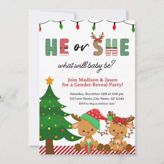 クリスマスのトナカイベビー性別開示パーティー 招待状 (正面)