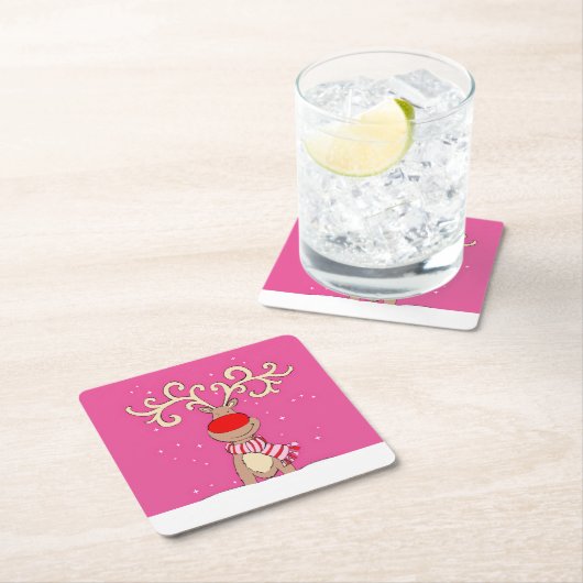 クリスマスのトナカイ大〔雄ジカの〕枝角ピンクの紙コースター スクエアペーパーコースター (インサイチュ)