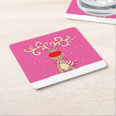 クリスマスのトナカイ大〔雄ジカの〕枝角ピンクの紙コースター スクエアペーパーコースター (アングル)