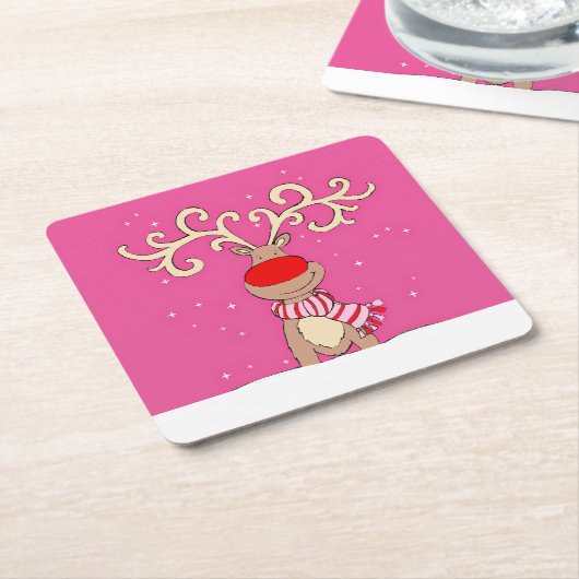 クリスマスのトナカイ大〔雄ジカの〕枝角ピンクの紙コースター スクエアペーパーコースター (アングル)