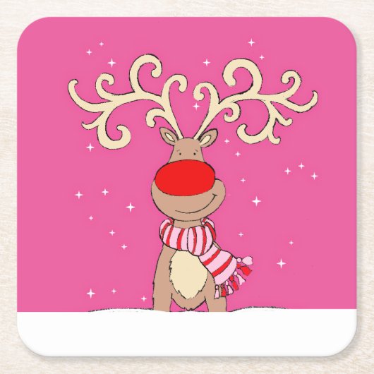 クリスマスのトナカイ大〔雄ジカの〕枝角ピンクの紙コースター スクエアペーパーコースター (正面)