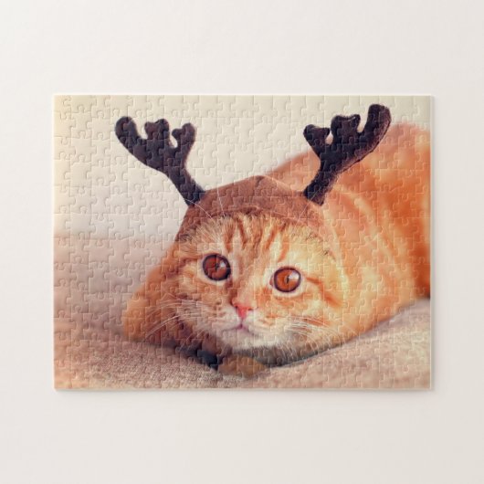クリスマスのトナカイ帽をかぶった子猫 ジグソーパズル (横)
