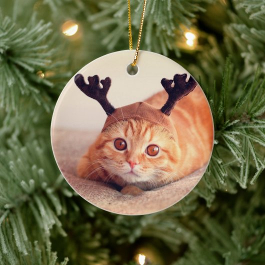 クリスマスのトナカイ帽をかぶった子猫 セラミックオーナメント (ツリー)
