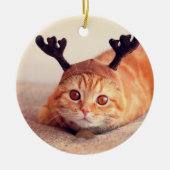 クリスマスのトナカイ帽をかぶった子猫 セラミックオーナメント (正面)