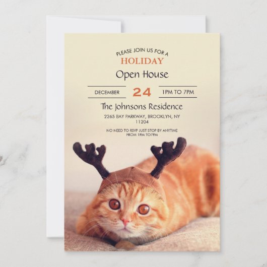 クリスマスのトナカイ帽をかぶった子猫 招待状 (正面)