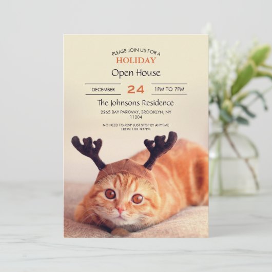 クリスマスのトナカイ帽をかぶった子猫 招待状 (スタンド正面)