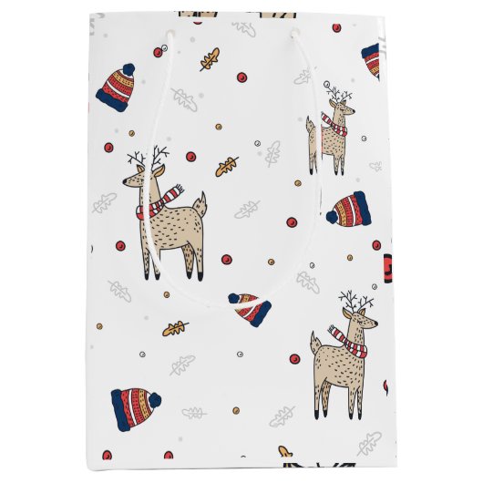 クリスマスのトナカイ帽子パターン ミディアムペーパーバッグ (正面)