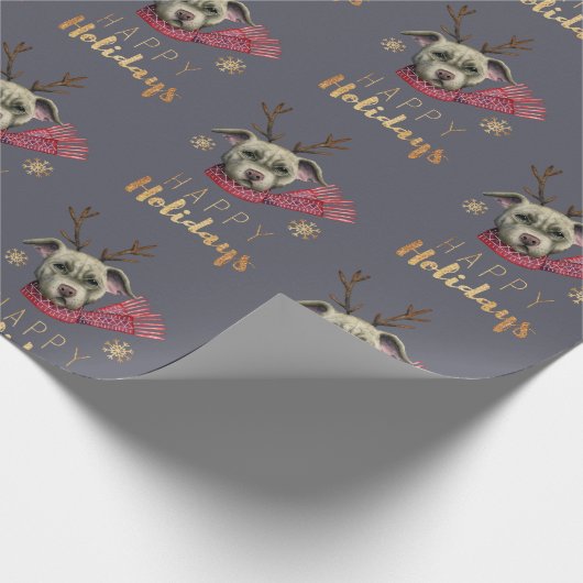 クリスマスのトナカイ犬パターン|幸せな休日 ラッピングペーパー (角)