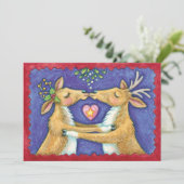 クリスマスのトナカイ、キスを誘うハートの下のミストル・トゥ・キス Save the Date 招待状 (スタンド正面)