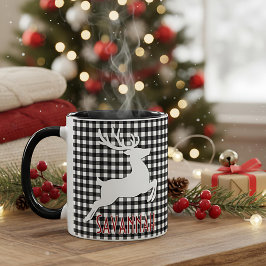 クリスマスのトナカイ 黒と白のチェック柄 カスタムネーム マグカップ