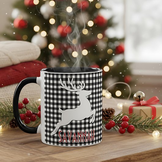 クリスマスのトナカイ 黒と白のチェック柄 カスタムネーム マグカップ