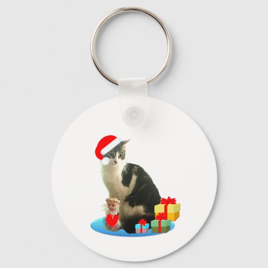 クリスマスのトラ猫と可愛い小さな天使 キーホルダー (正面)