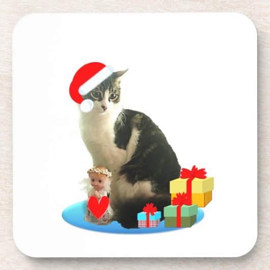 クリスマスのトラ猫と可愛い小さな天使 コースター (正面)