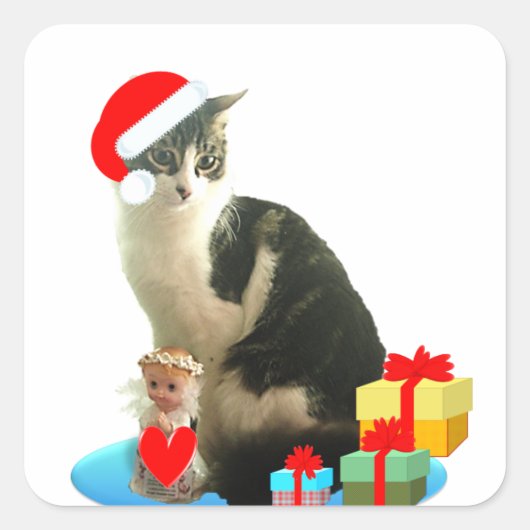 クリスマスのトラ猫と可愛い小さな天使 スクエアシール (正面)