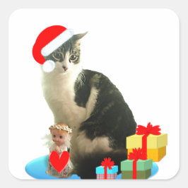 クリスマスのトラ猫と可愛い小さな天使 スクエアシール