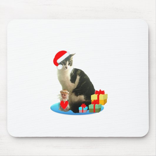 クリスマスのトラ猫と可愛い小さな天使 マウスパッド (正面)
