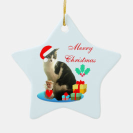 クリスマスのトラ猫、小さな天使とプレゼント セラミックオーナメント
