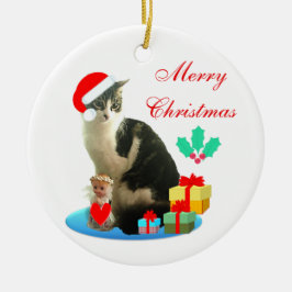 クリスマスのトラ猫、小さな天使とプレゼント セラミックオーナメント