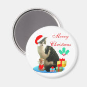 クリスマスのトラ猫、小さな天使とプレゼント マグネット (正面/裏面)