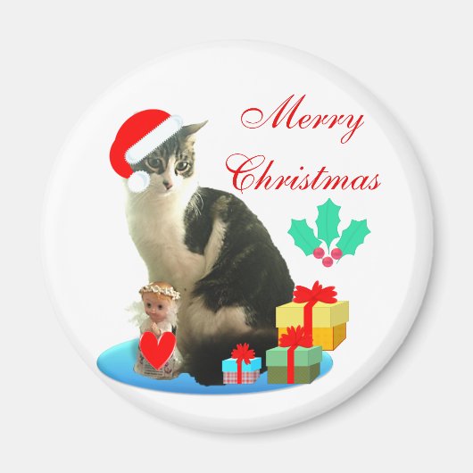 クリスマスのトラ猫、小さな天使とプレゼント マグネット (正面)