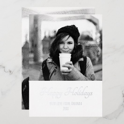 クリスマスのトレンディなスクリプト ツーサイド フォト 箔シーズンカード (正面/裏面)