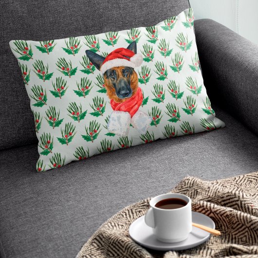クリスマスのドイツ・シェパードとモミの飾り アクセントクッション