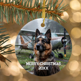 クリスマスのドッグパイロット飛行機の面白い航空写真 セラミックオーナメント