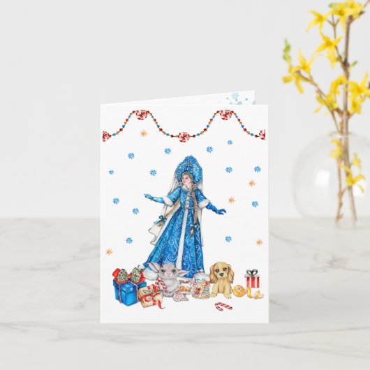 クリスマスのドレスを着た雪の巫女 カード (黄色い花)