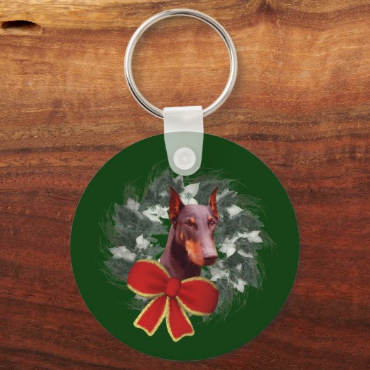 クリスマスのドーベルマン犬のリースの休日Keychain キーホルダー (正面)