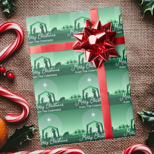 クリスマスのナイティビティ・シーンのデザイン入りグリーンギフト ラッピングペーパー