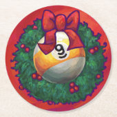 クリスマスのナインボールリースオンレッド ラウンドペーパーコースター (正面)