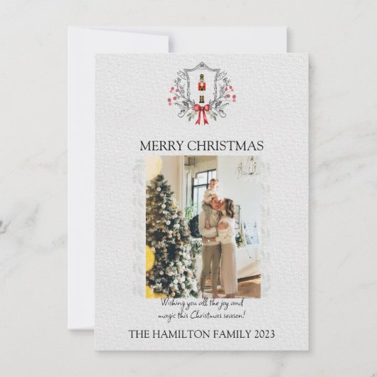クリスマスのナツクラッカーホリーフレームと写真 シーズンカード (正面)