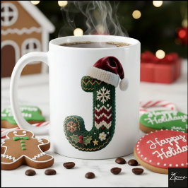 クリスマスのニットセーターの文字 J サンタ帽子 コーヒーマグカップ
