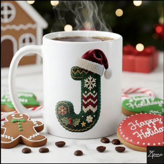 クリスマスのニットセーターの文字 J サンタ帽子 コーヒーマグカップ
