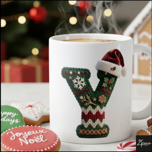 クリスマスのニットセーターの文字 Y サンタ帽子 コーヒーマグカップ