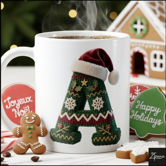 クリスマスのニットセーターの文字Aサンタ帽子 コーヒーマグカップ