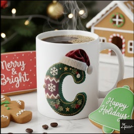 クリスマスのニットセーターの文字Cサンタ帽子 コーヒーマグカップ