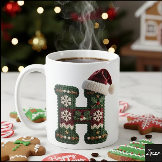 クリスマスのニットセーターの文字Hサンタ帽子 コーヒーマグカップ