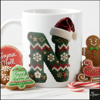 クリスマスのニットセーターの文字Nサンタ帽子 コーヒーマグカップ